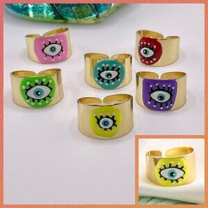 Boho Evil Eye Enamel and Copper Adjustable Ring #1300 YELLOW